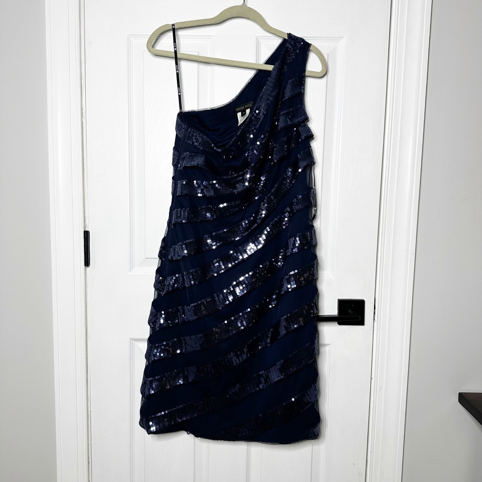 Tadashi Shoji Navy Blue Sequin One Shoulder Cocktail Dress Size 14